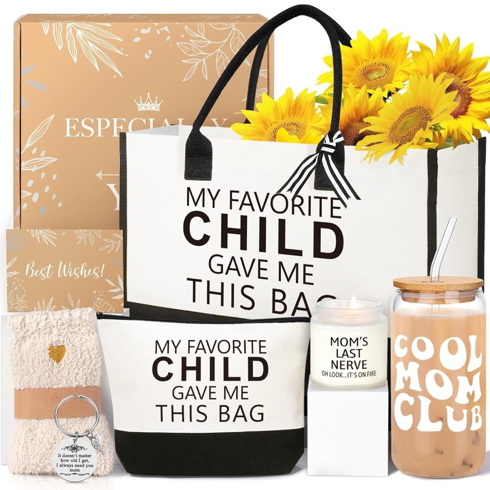 Mothers Day Gifts for Mom, 16 Oz Glass Cup Tote Bag Makeup Bag Gift Basket
